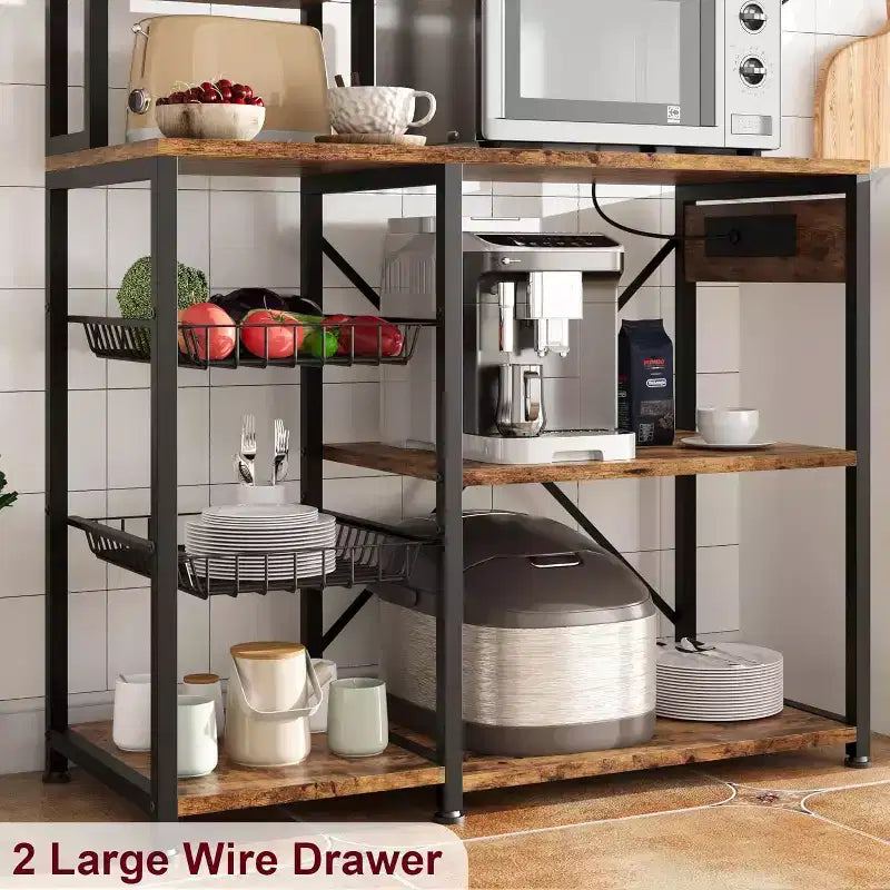 7-Tier Bakers Rack with Power Outlet  Large Microwave Stand & Coffee Bar  2 Wire Drawers, Hooks,Freestanding Kitchen Oven Shelf  For Kitchen