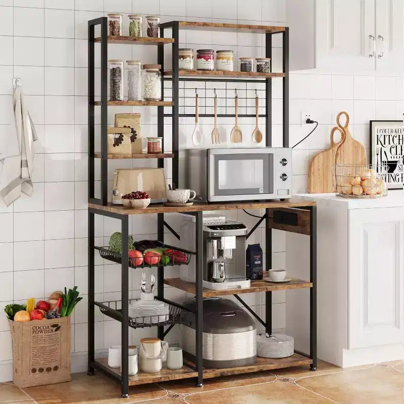 7-Tier Bakers Rack with Power Outlet  Large Microwave Stand & Coffee Bar  2 Wire Drawers, Hooks,Freestanding Kitchen Oven Shelf  For Kitchen