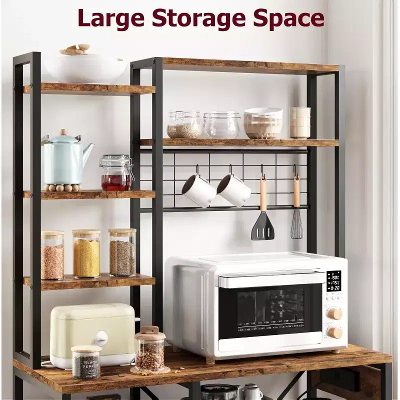 7-Tier Bakers Rack with Power Outlet  Large Microwave Stand & Coffee Bar  2 Wire Drawers, Hooks,Freestanding Kitchen Oven Shelf  For Kitchen