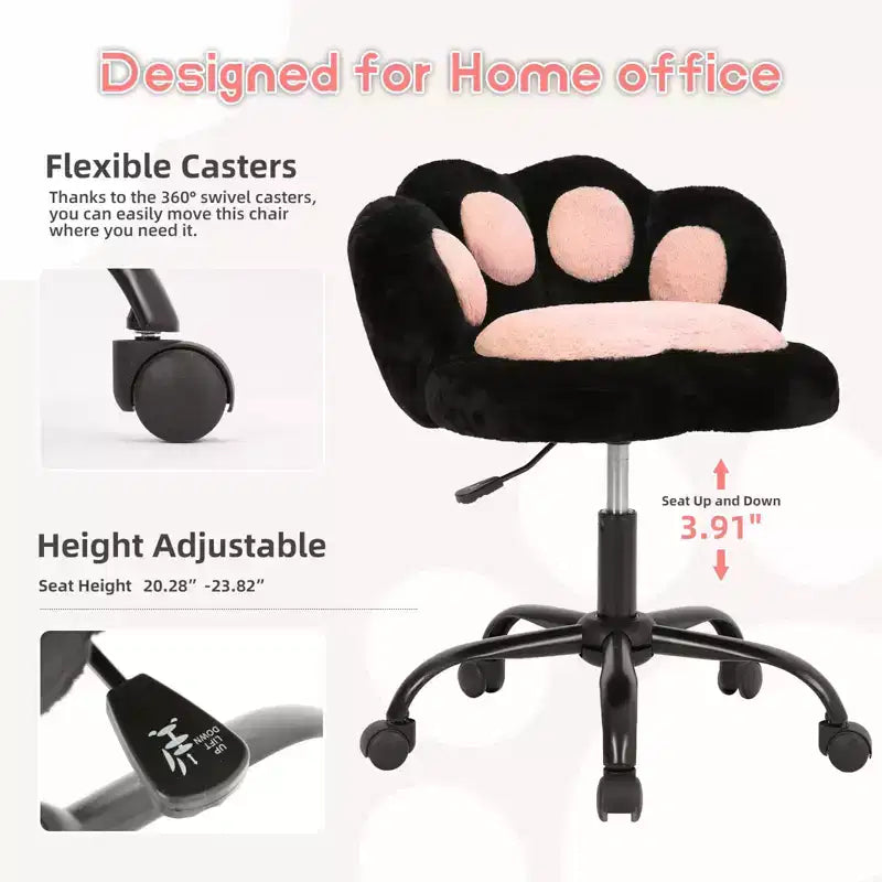 Chaise de coiffeuse avec dossier en forme de chat, chaise pivotante réglable en hauteur, jolie chaise de bureau à roulettes en tissu nounours pour chambre à coucher ou bureau