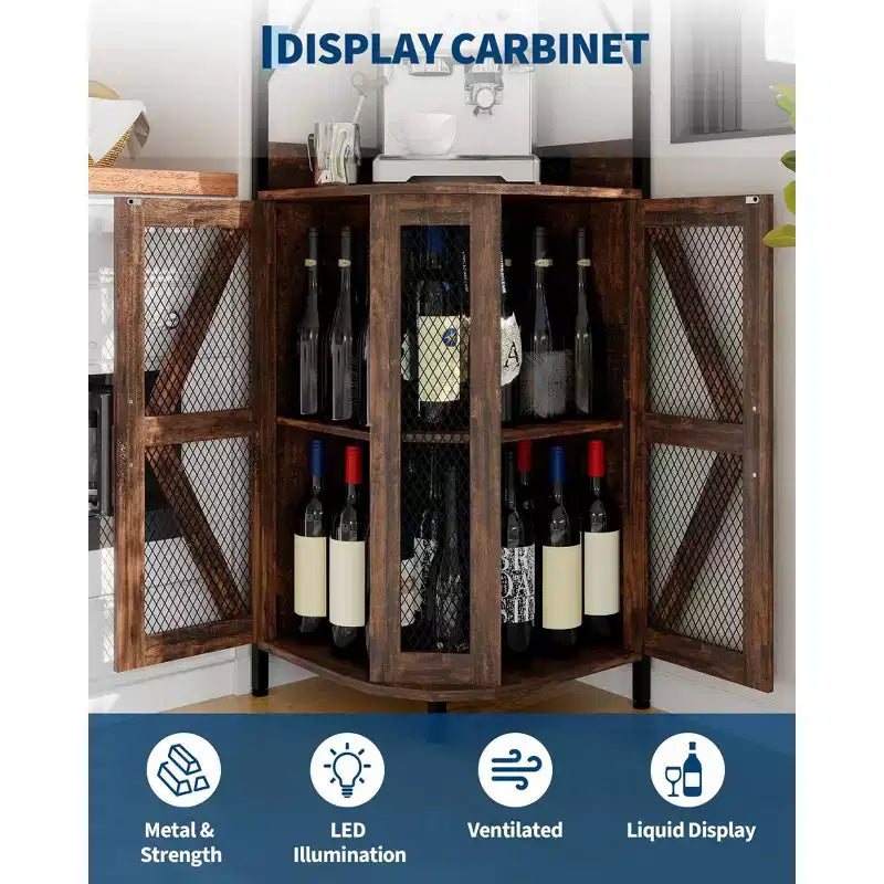 72in Corner Wine Cabinet, Industrial Wine Cabinet Glass Holder, 5-Tiers Liquor Cabinets Bar for Home, Small Space, Display Cabinets, Mesh Door