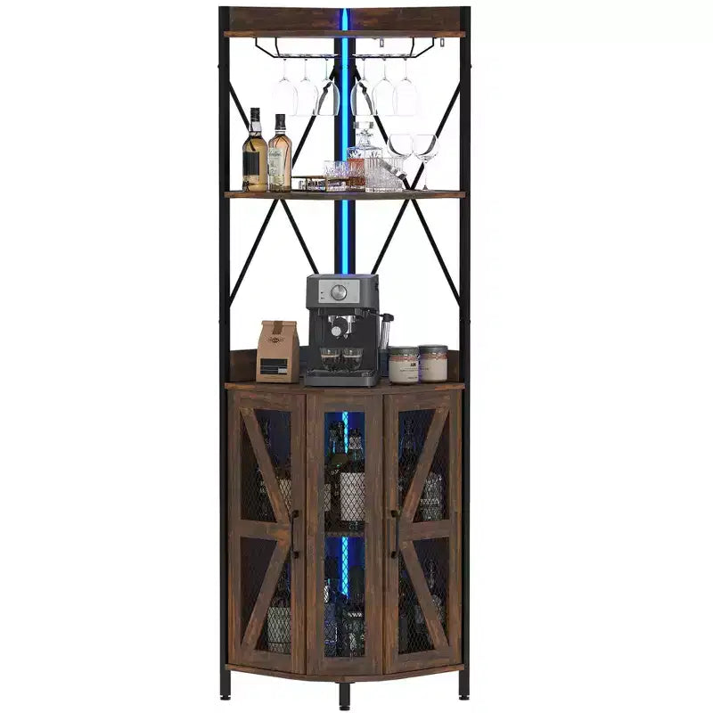 72in Corner Wine Cabinet, Industrial Wine Cabinet Glass Holder, 5-Tiers Liquor Cabinets Bar for Home, Small Space, Display Cabinets, Mesh Door
