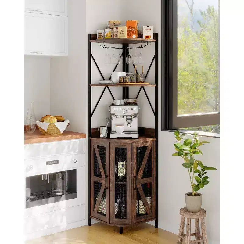 72in Corner Wine Cabinet, Industrial Wine Cabinet Glass Holder, 5-Tiers Liquor Cabinets Bar for Home, Small Space, Display Cabinets, Mesh Door