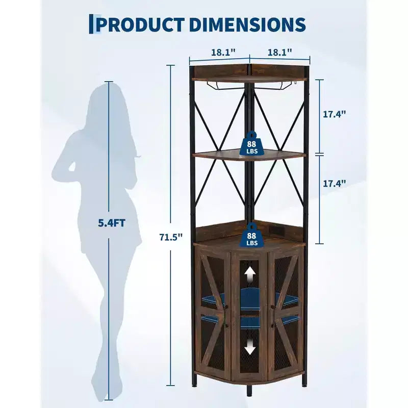 72in Corner Wine Cabinet, Industrial Wine Cabinet Glass Holder, 5-Tiers Liquor Cabinets Bar for Home, Small Space, Display Cabinets, Mesh Door