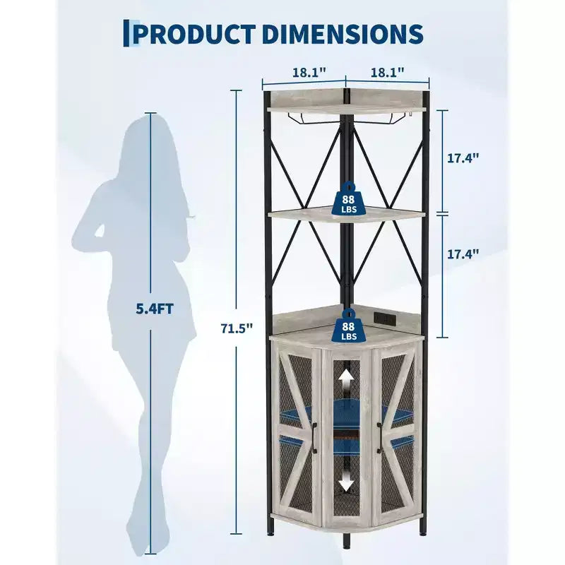 72in Corner Wine Cabinet, Industrial Wine Cabinet Glass Holder, 5-Tiers Liquor Cabinets Bar for Home, Small Space, Display Cabinets, Mesh Door
