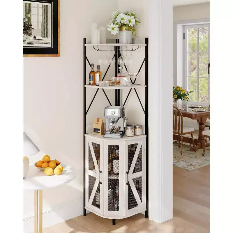 72in Corner Wine Cabinet, Industrial Wine Cabinet Glass Holder, 5-Tiers Liquor Cabinets Bar for Home, Small Space, Display Cabinets, Mesh Door