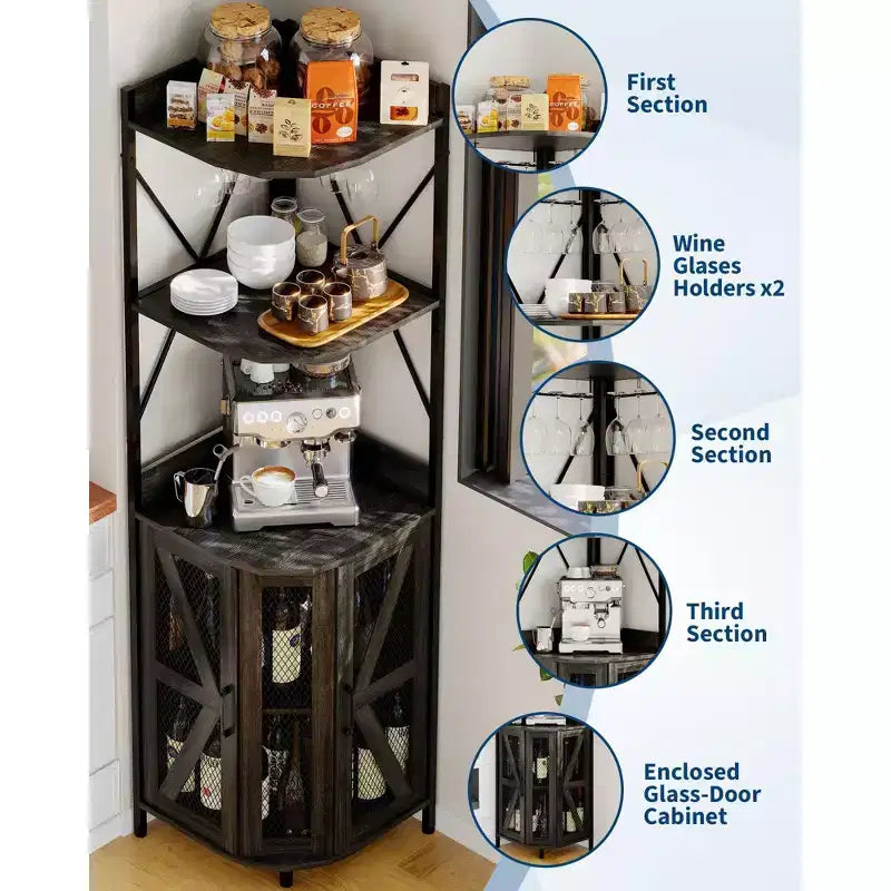 72in Corner Wine Cabinet, Industrial Wine Cabinet Glass Holder, 5-Tiers Liquor Cabinets Bar for Home, Small Space, Display Cabinets, Mesh Door