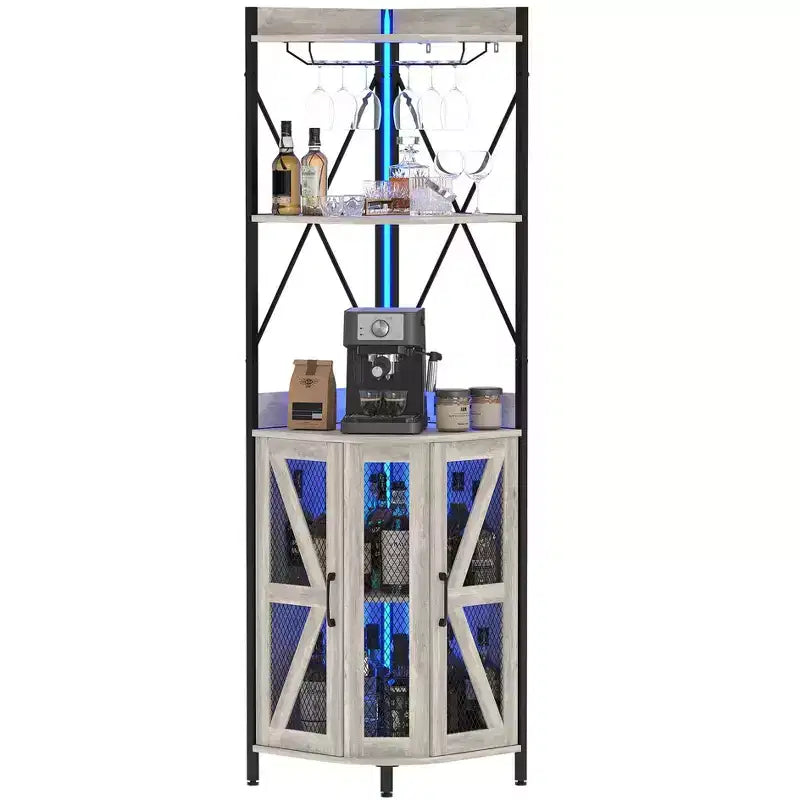 72in Corner Wine Cabinet, Industrial Wine Cabinet Glass Holder, 5-Tiers Liquor Cabinets Bar for Home, Small Space, Display Cabinets, Mesh Door