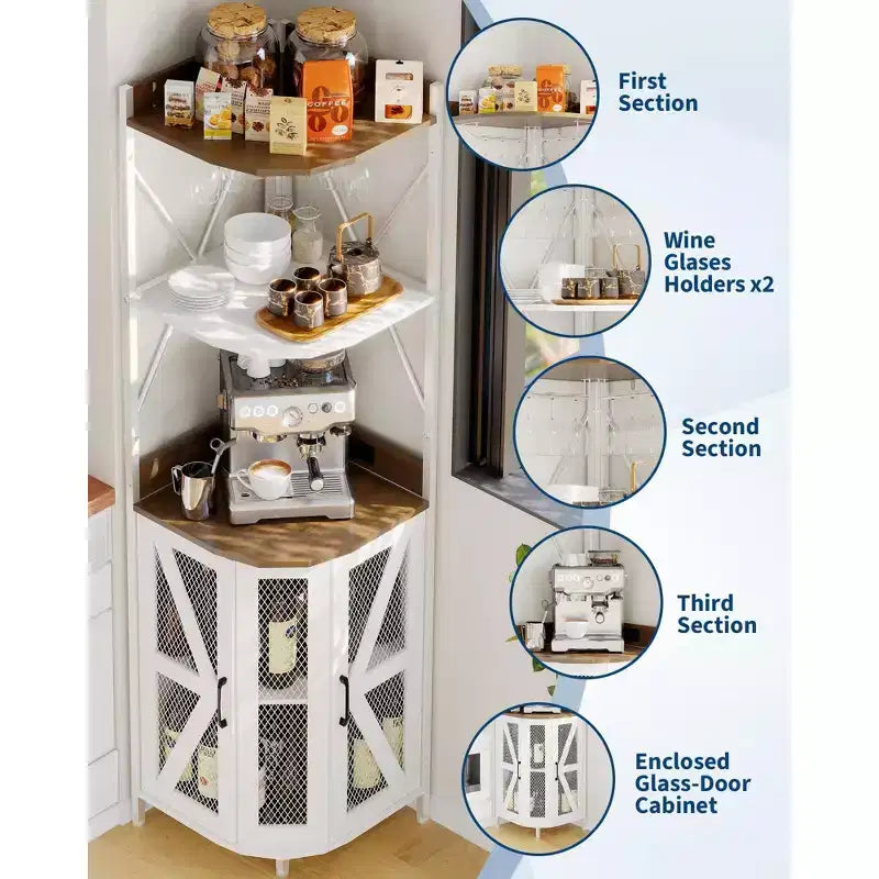 72in Corner Wine Cabinet, Industrial Wine Cabinet Glass Holder, 5-Tiers Liquor Cabinets Bar for Home, Small Space, Display Cabinets, Mesh Door