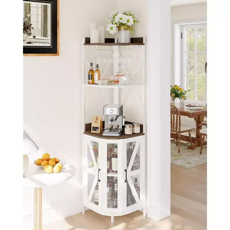72in Corner Wine Cabinet, Industrial Wine Cabinet Glass Holder, 5-Tiers Liquor Cabinets Bar for Home, Small Space, Display Cabinets, Mesh Door