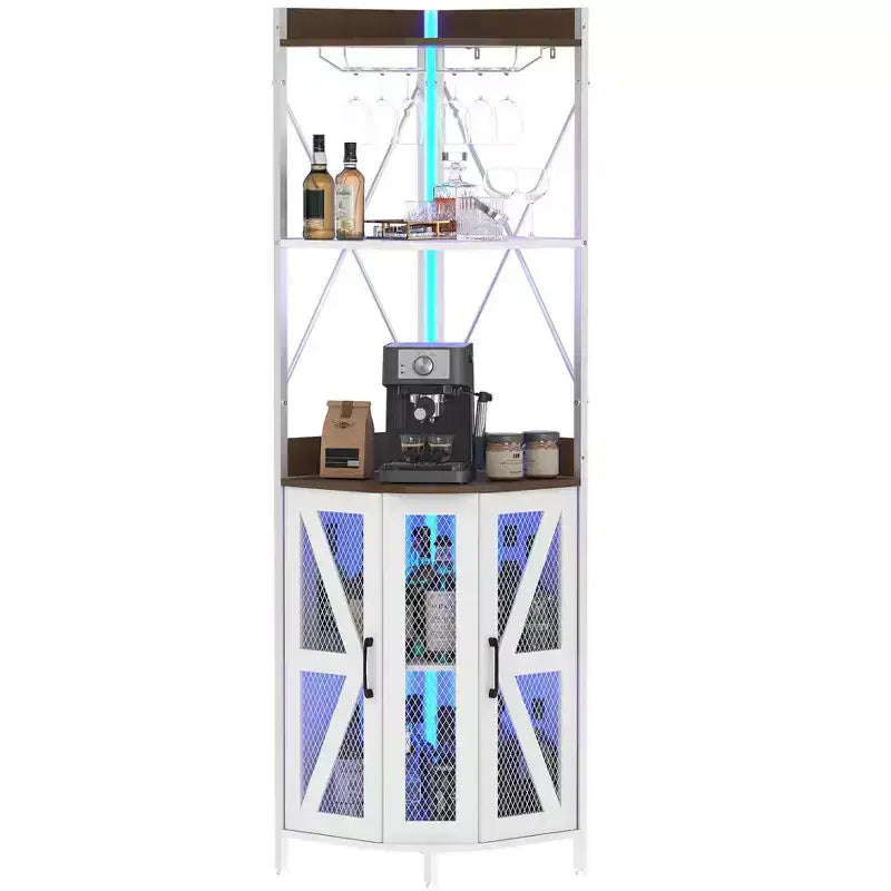 72in Corner Wine Cabinet, Industrial Wine Cabinet Glass Holder, 5-Tiers Liquor Cabinets Bar for Home, Small Space, Display Cabinets, Mesh Door
