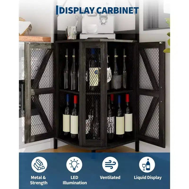 72in Corner Wine Cabinet, Industrial Wine Cabinet Glass Holder, 5-Tiers Liquor Cabinets Bar for Home, Small Space, Display Cabinets, Mesh Door