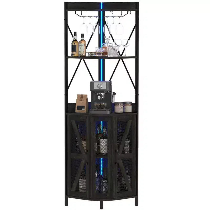 72in Corner Wine Cabinet, Industrial Wine Cabinet Glass Holder, 5-Tiers Liquor Cabinets Bar for Home, Small Space, Display Cabinets, Mesh Door