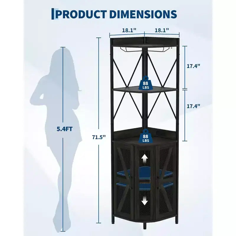 72in Corner Wine Cabinet, Industrial Wine Cabinet Glass Holder, 5-Tiers Liquor Cabinets Bar for Home, Small Space, Display Cabinets, Mesh Door