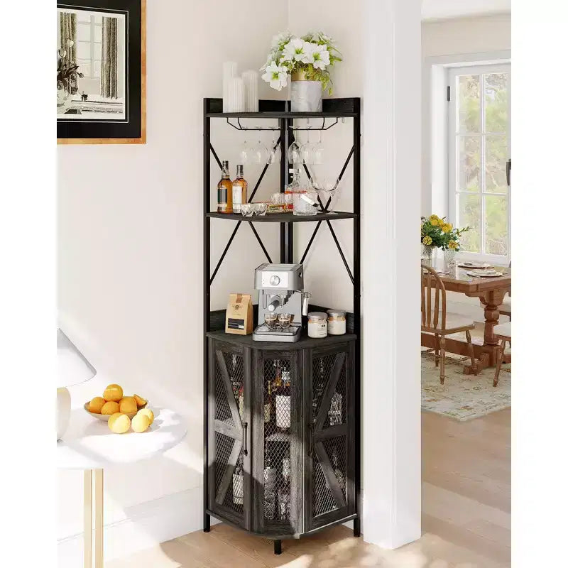 72in Corner Wine Cabinet, Industrial Wine Cabinet Glass Holder, 5-Tiers Liquor Cabinets Bar for Home, Small Space, Display Cabinets, Mesh Door