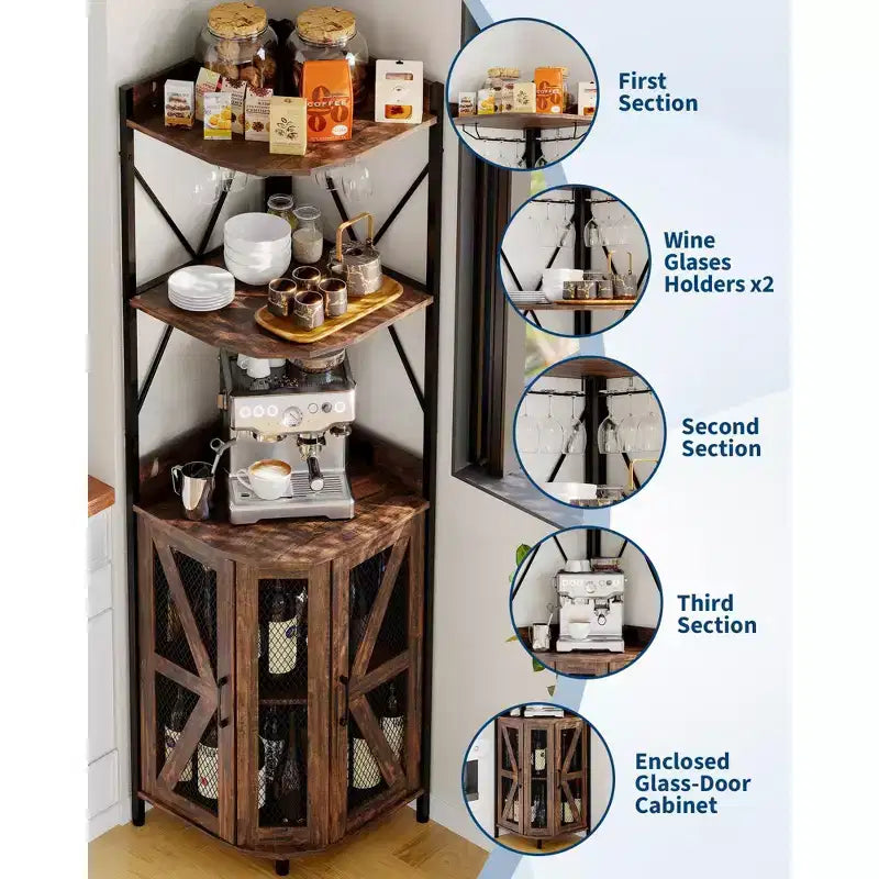 72in Corner Wine Cabinet, Industrial Wine Cabinet Glass Holder, 5-Tiers Liquor Cabinets Bar for Home, Small Space, Display Cabinets, Mesh Door