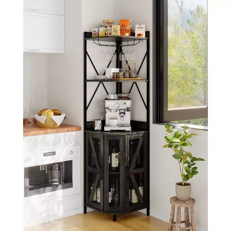 72in Corner Wine Cabinet, Industrial Wine Cabinet Glass Holder, 5-Tiers Liquor Cabinets Bar for Home, Small Space, Display Cabinets, Mesh Door