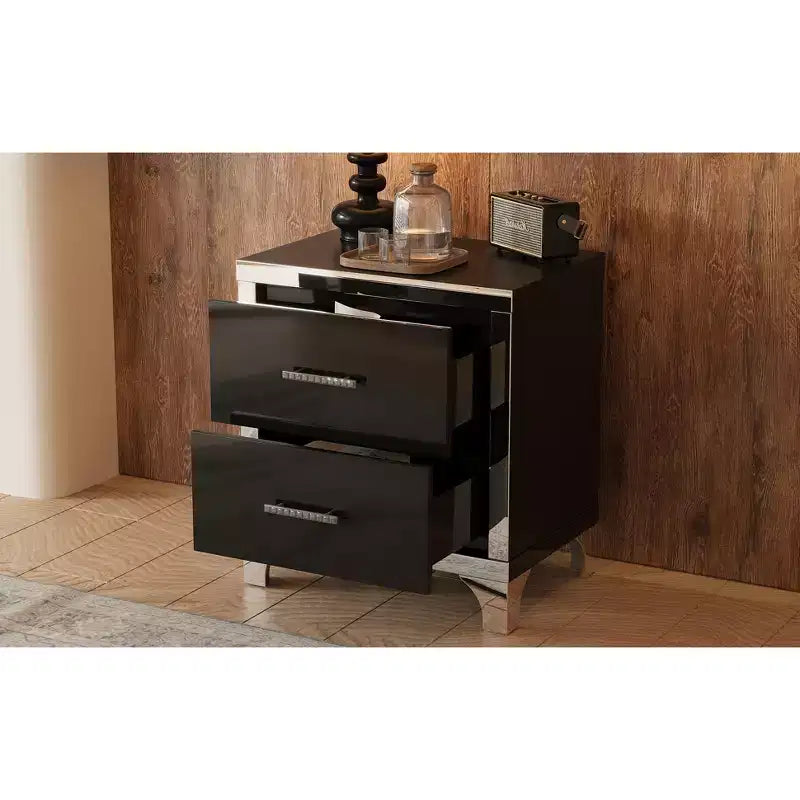 Table de chevet 2 tiroirs élégante, moderne, laquée brillante avec accents de miroirs pour chambre à coucher ou salon