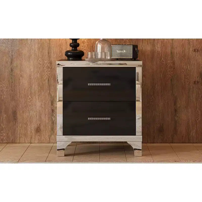 Table de chevet 2 tiroirs élégante, moderne, laquée brillante avec accents de miroirs pour chambre à coucher ou salon