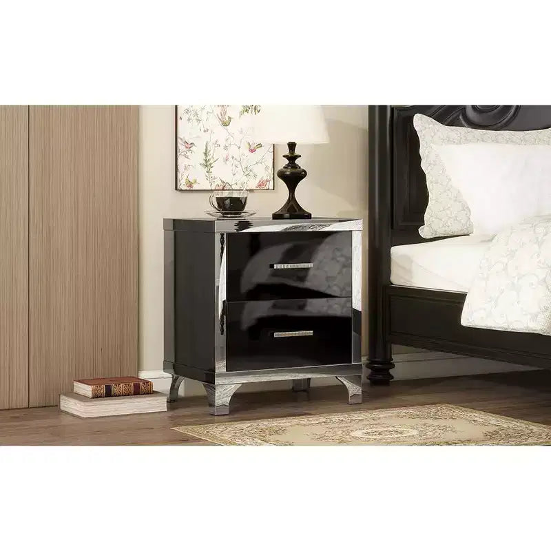 Table de chevet 2 tiroirs élégante, moderne, laquée brillante avec accents de miroirs pour chambre à coucher ou salon
