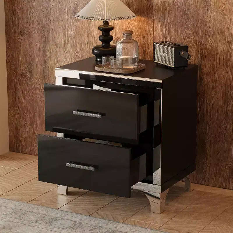 Table de chevet 2 tiroirs élégante, moderne, laquée brillante avec accents de miroirs pour chambre à coucher ou salon