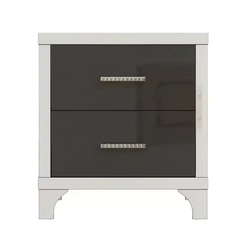 Table de chevet 2 tiroirs élégante, moderne, laquée brillante avec accents de miroirs pour chambre à coucher ou salon