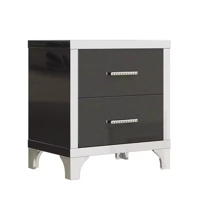 Table de chevet 2 tiroirs élégante, moderne, laquée brillante avec accents de miroirs pour chambre à coucher ou salon