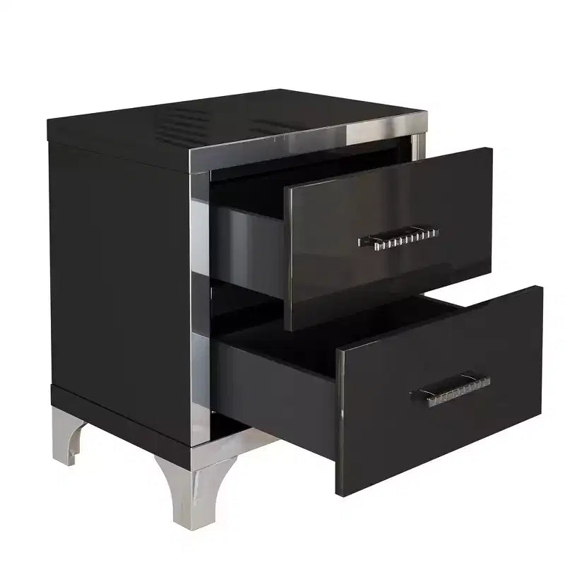 Table de chevet 2 tiroirs élégante, moderne, laquée brillante avec accents de miroirs pour chambre à coucher ou salon