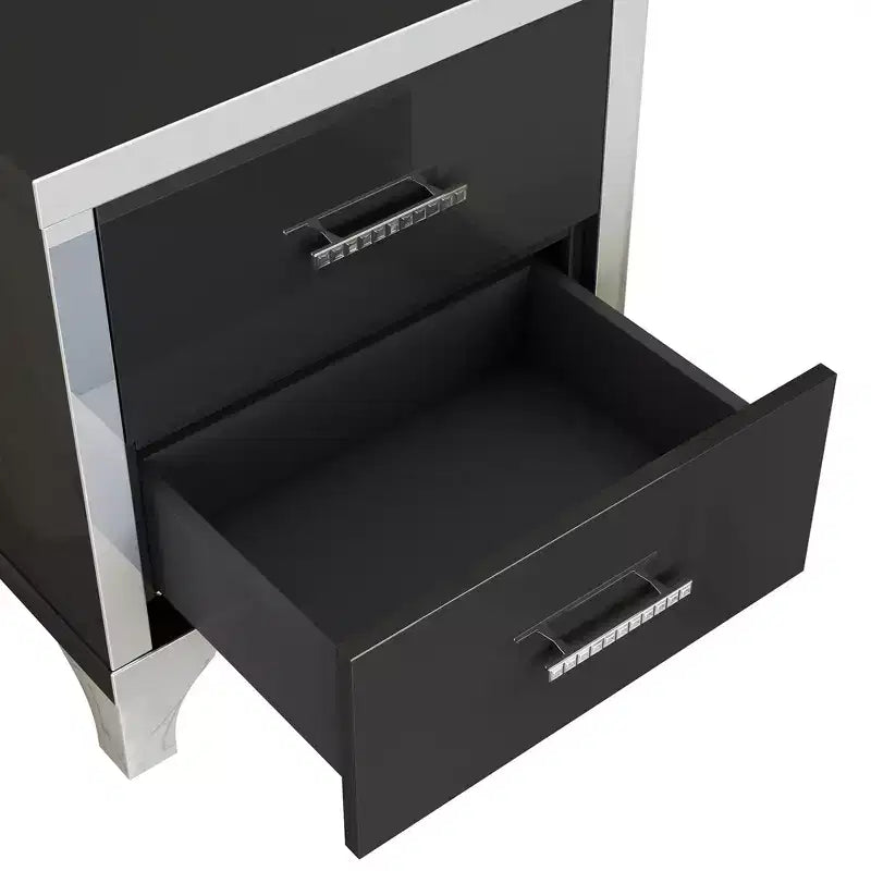 Table de chevet 2 tiroirs élégante, moderne, laquée brillante avec accents de miroirs pour chambre à coucher ou salon