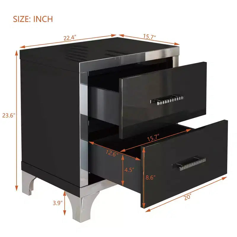 Table de chevet 2 tiroirs élégante, moderne, laquée brillante avec accents de miroirs pour chambre à coucher ou salon