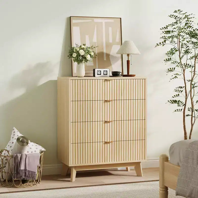 4 Drawer Dressers 2 Pack, Fluted Closet Dressers Chest of Drawers, Wood Storage Dresser Chest for Bedroom Living Room Hallway Closet,Natural