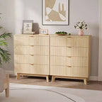 Lots de 2 commodes à 4 tiroirs, commodes de placard cannelées, commodes de rangement en bois pour chambre à coucher, salon, couloir, naturel