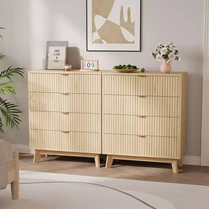 Lots de 2 commodes à 4 tiroirs, commodes de placard cannelées, commodes de rangement en bois pour chambre à coucher, salon, couloir, naturel