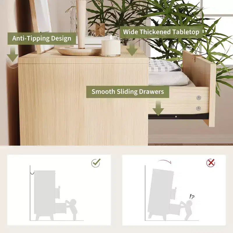 Lots de 2 commodes à 4 tiroirs, commodes de placard cannelées, commodes de rangement en bois pour chambre à coucher, salon, couloir, naturel