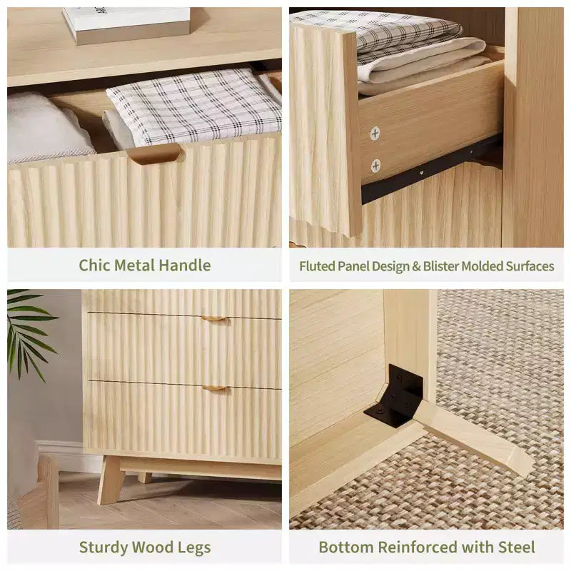 Lots de 2 commodes à 4 tiroirs, commodes de placard cannelées, commodes de rangement en bois pour chambre à coucher, salon, couloir, naturel