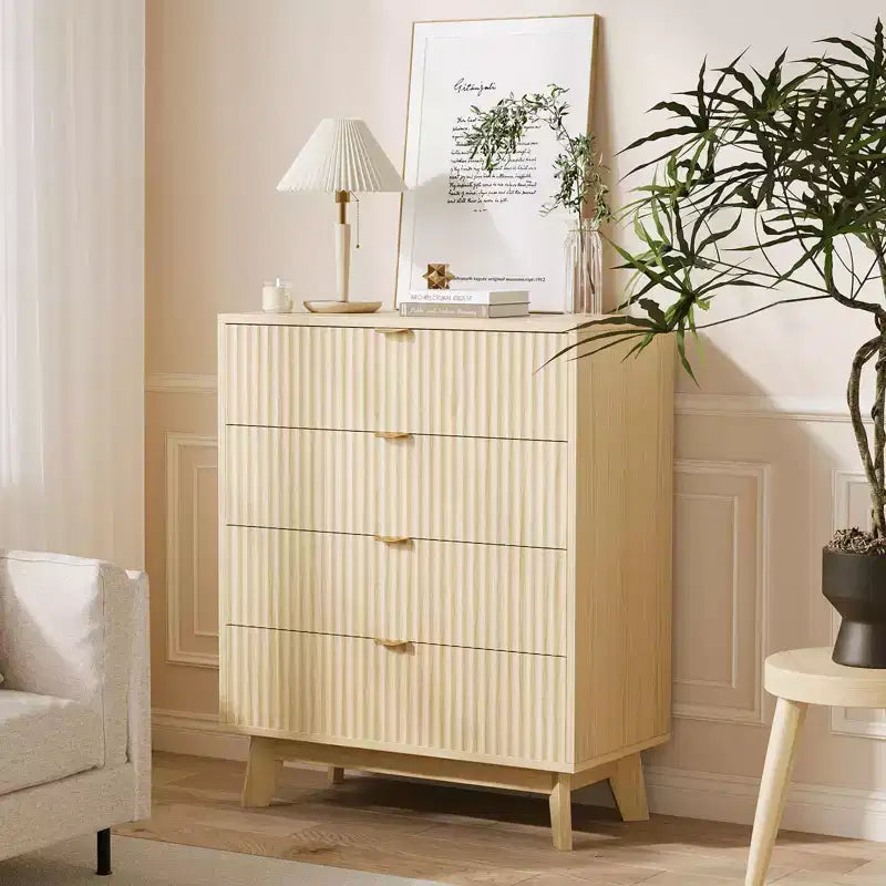 Lots de 2 commodes à 4 tiroirs, commodes de placard cannelées, commodes de rangement en bois pour chambre à coucher, salon, couloir, naturel