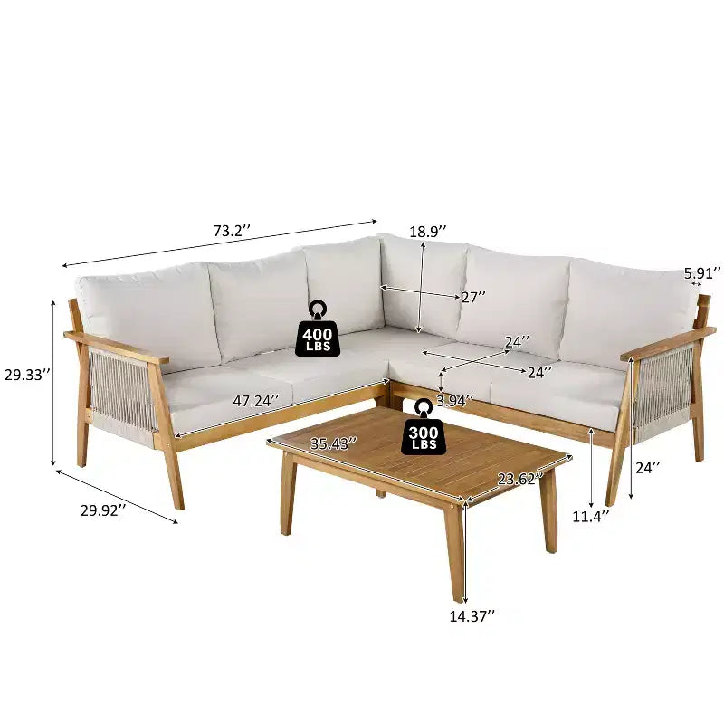 Christopher Knight Home Hanna 4 Piece Outdoor Acacia Wood Sectional Sofa Set with Handwoven Rope