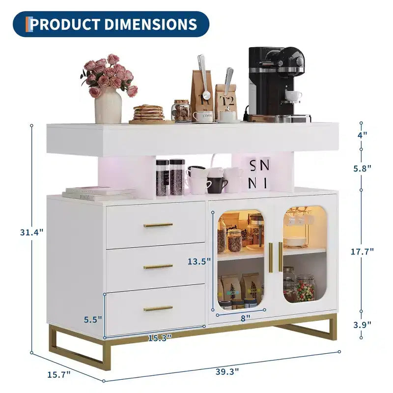 Modern Sideboard Buffet Cabinet with Auto-Sensor RGB LED Lights & Built-in Charging Station, Coffee Bar Table with Storage, 3 Drawers & 2 Doors