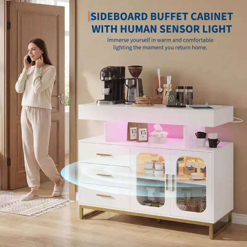 Modern Sideboard Buffet Cabinet with Auto-Sensor RGB LED Lights & Built-in Charging Station, Coffee Bar Table with Storage, 3 Drawers & 2 Doors