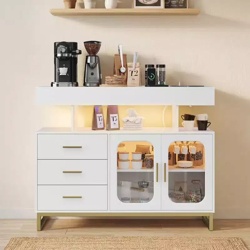 Modern Sideboard Buffet Cabinet with Auto-Sensor RGB LED Lights & Built-in Charging Station, Coffee Bar Table with Storage, 3 Drawers & 2 Doors