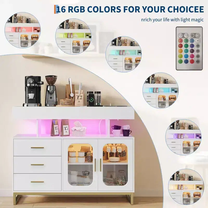 Modern Sideboard Buffet Cabinet with Auto-Sensor RGB LED Lights & Built-in Charging Station, Coffee Bar Table with Storage, 3 Drawers & 2 Doors