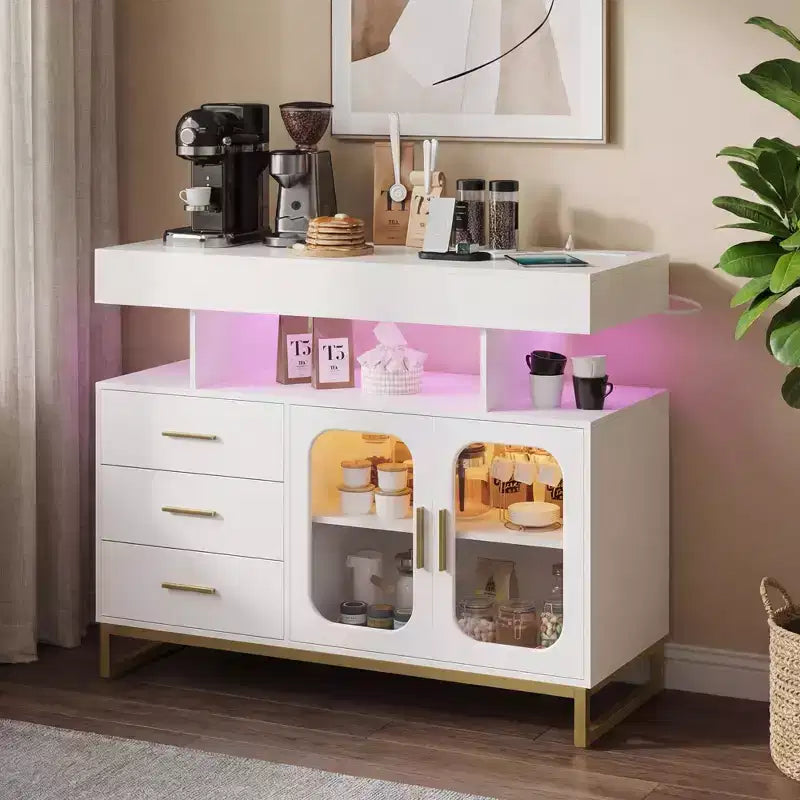 Modern Sideboard Buffet Cabinet with Auto-Sensor RGB LED Lights & Built-in Charging Station, Coffee Bar Table with Storage, 3 Drawers & 2 Doors