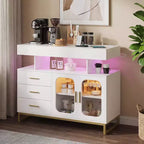 Modern Sideboard Buffet Cabinet with Auto-Sensor RGB LED Lights & Built-in Charging Station, Coffee Bar Table with Storage, 3 Drawers & 2 Doors