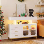 Modern Sideboard Buffet Cabinet with Auto-Sensor RGB LED Lights & Built-in Charging Station, Coffee Bar Table with Storage, 3 Drawers & 2 Doors