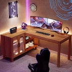 Bureau d'angle en L Lantine 59 avec classeur, bureau de direction à domicile avec étagères de rangement, bureau d'ordinateur moderne en bois pour le travail et les études (marron rustique)