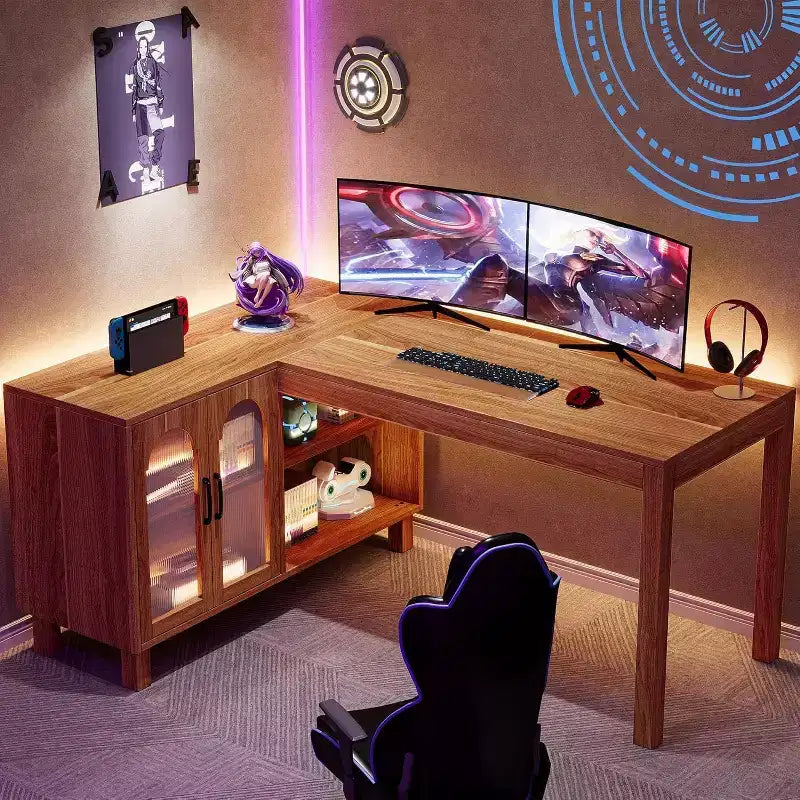 Bureau d'angle en L Lantine 59 avec classeur, bureau de direction à domicile avec étagères de rangement, bureau d'ordinateur moderne en bois pour le travail et les études (marron rustique)