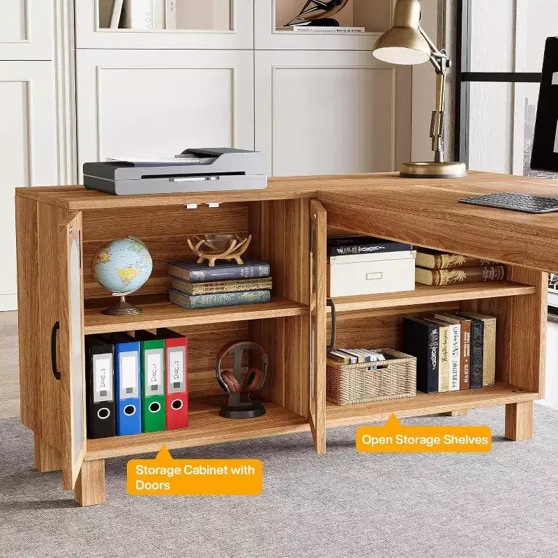 Bureau d'angle en L Lantine 59 avec classeur, bureau de direction à domicile avec étagères de rangement, bureau d'ordinateur moderne en bois pour le travail et les études (marron rustique)