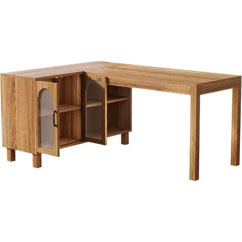 Bureau d'angle en L Lantine 59 avec classeur, bureau de direction à domicile avec étagères de rangement, bureau d'ordinateur moderne en bois pour le travail et les études (marron rustique)