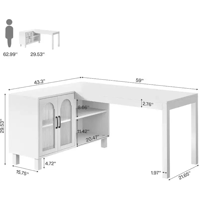 Bureau d'angle en L Lantine 59 avec classeur, bureau de direction à domicile avec étagères de rangement, bureau d'ordinateur moderne en bois pour le travail et les études (marron rustique)