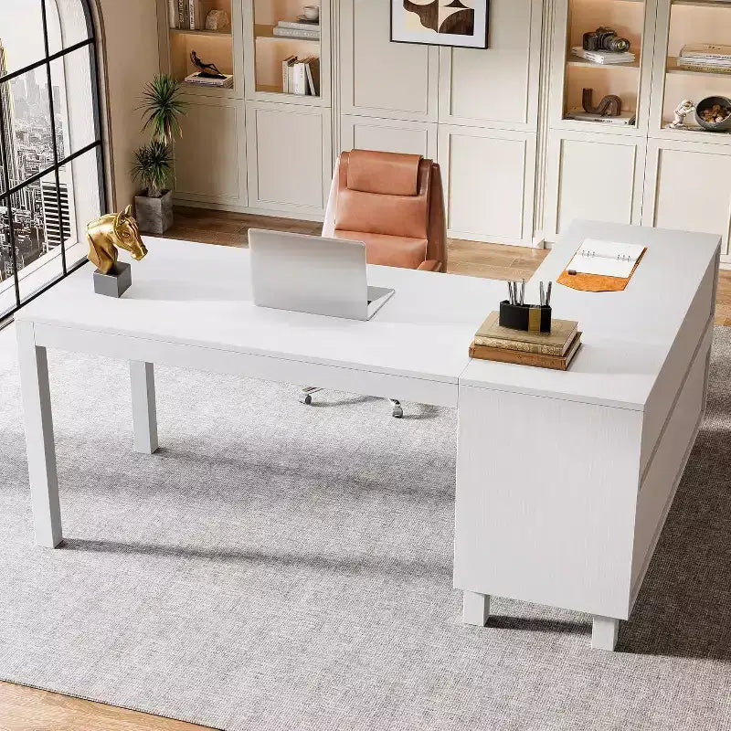 Bureau d'angle en L Lantine 59 avec classeur, bureau de direction à domicile avec étagères de rangement, bureau d'ordinateur moderne en bois pour le travail et les études (marron rustique)
